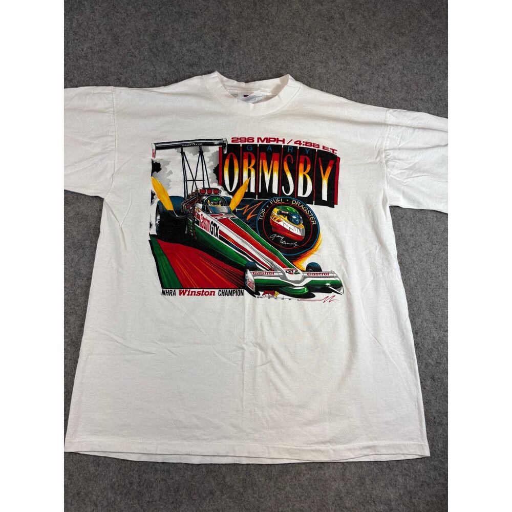 VTG 90s Andys Gary Ormsby NHRA Winston Champion Shirt Mens White Racing USA XL